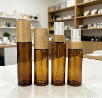 30ml 50ml customed Color Glass Bottle Press Pump Type Bamboo Lid  for Cosmetics