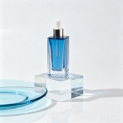 Синяя прозрачная стеклянная бутылка для капель, толстая основа квадратная косметическая сыворотка для упаковки масла бутылка с белой резиновой капелькой